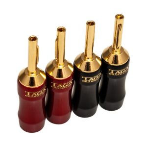 Gold-plated banana plug connectors in red and black housings; four-pack.