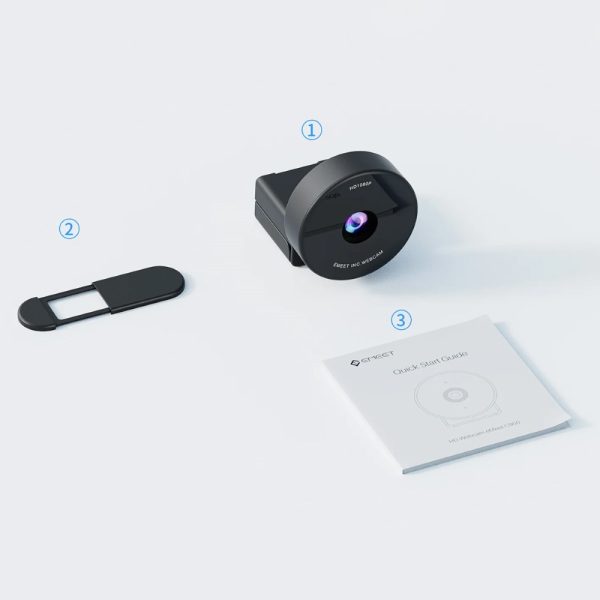 Emeet Smartcam C950 1080P Compact projector with a black body and circular front lens, a usb-like accessory, and a quick-start guide.