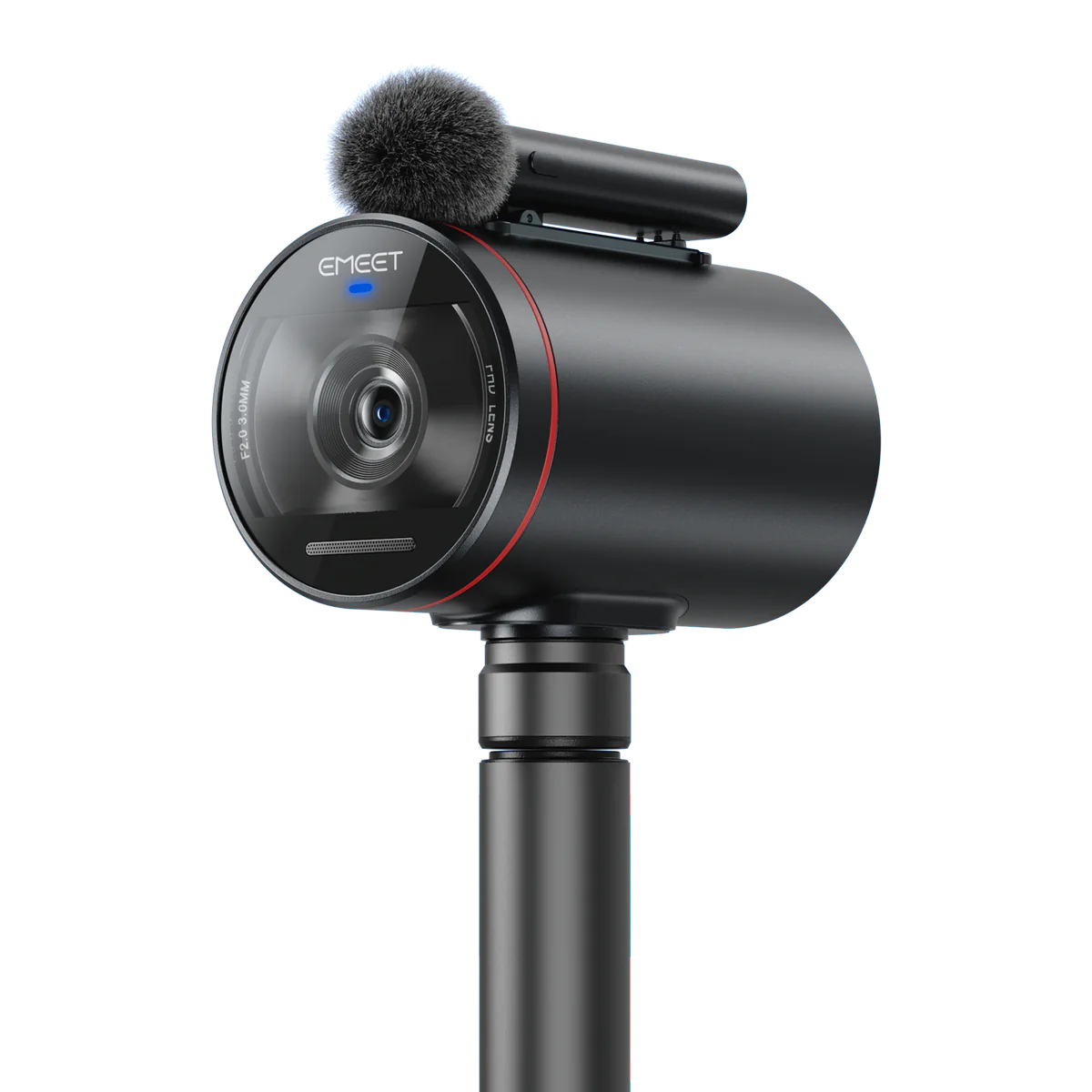 Emeet Streamcam One - True Wireless Live Streaming Camera 3 Pack Emget compact camera with front lens, blue led, red ring, mounted on a tripod with a furry microphone.