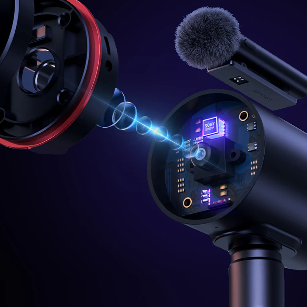 Emeet Streamcam One - True Wireless Live Streaming Camera 3 Pack Wireless handheld microphone with a furry windscreen and exposed sony sensor module in a black body
