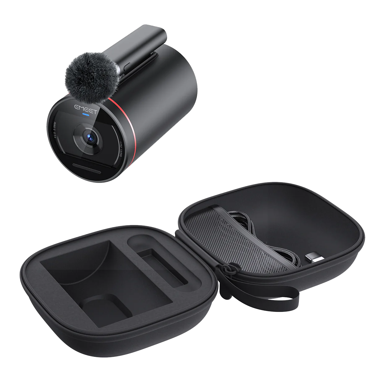 Emeet Streamcam One - True Wireless Live Streaming Camera 3 Pack Emeet car dash cam with cylindrical black body, circular lens, furry microphone windscreen, and accompanying protective hard case.