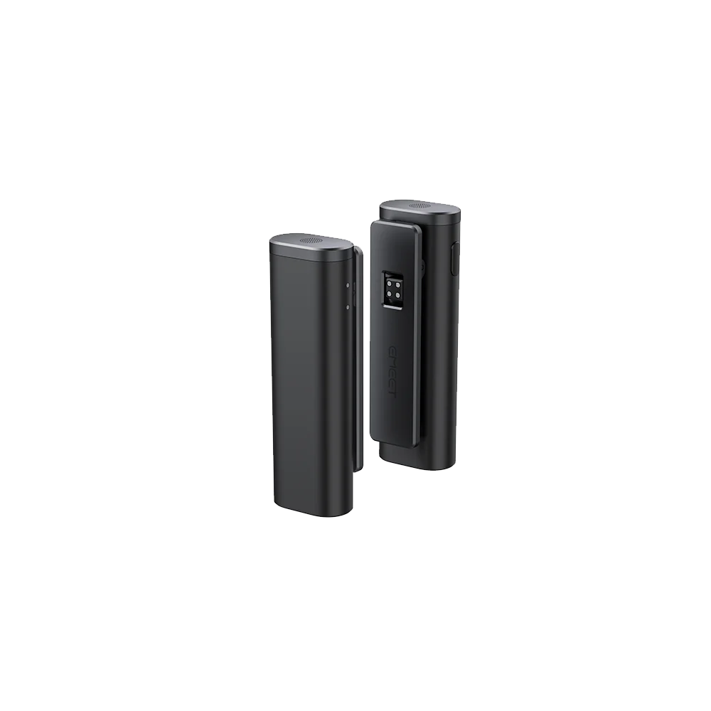 Emeet Streamcam One - True Wireless Live Streaming Camera 3 Pack Two black cylindrical devices with rounded tops and perforated grills, resembling compact wireless speakers.