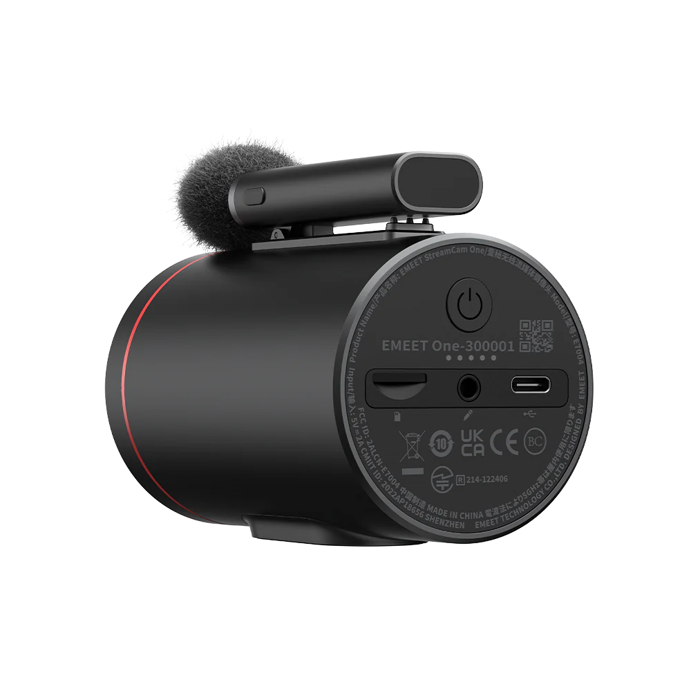 Emeet Streamcam One - True Wireless Live Streaming Camera 3 Pack Emeet streamcam one black cylindrical streaming device with red ring, top microphone with windscreen, circular base showing usb-c port.