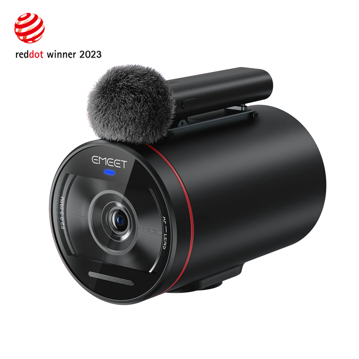 Emeet Streamcam One - True Wireless Live Streaming Camera 3 Pack Emeet branded black cylindrical camera with circular front lens and top shotgun microphone with furry windscreen.