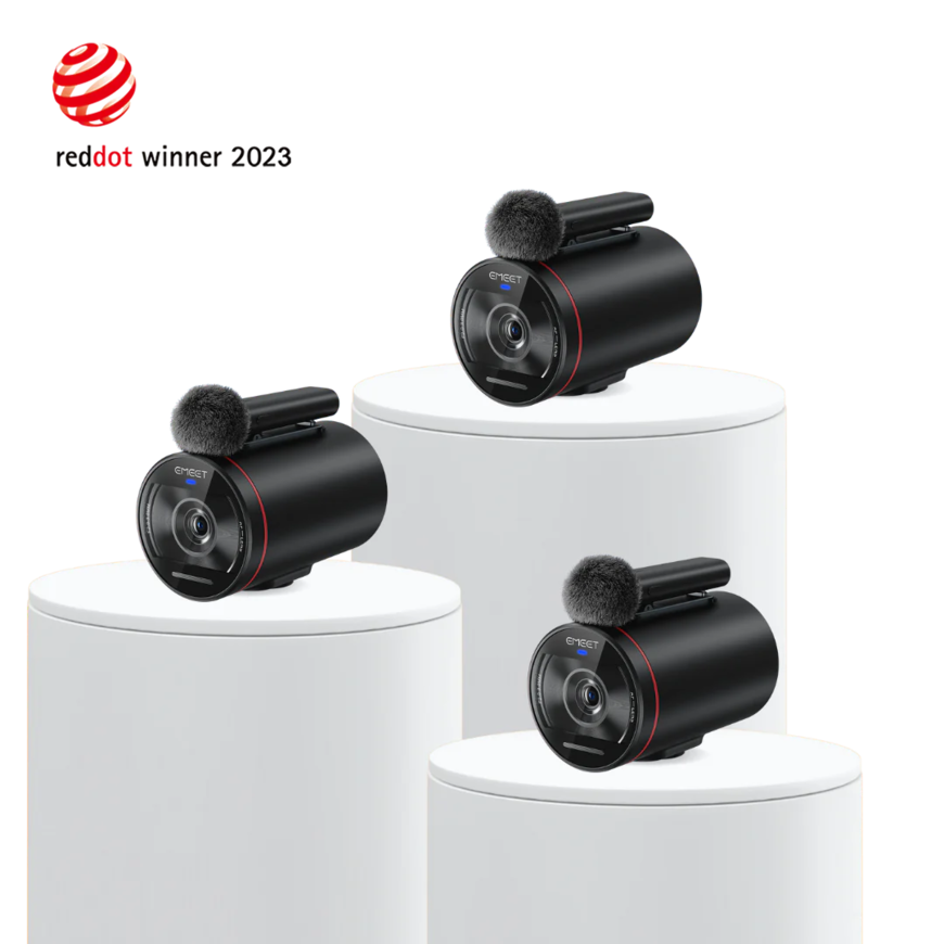 Emeet Streamcam One - True Wireless Live Streaming Camera 3 Pack Emeet cylindrical webcam with lens front, red ring, and furry microphone windscreen, displayed on white pedestals.