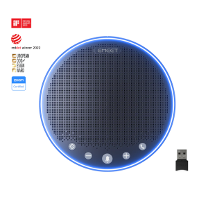 EMEET round conference speakerphone with blue LED ring and front microphone and call control buttons.