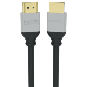 Kordz HDMI cable with gold-plated connectors and gray molded housings, black jacket.