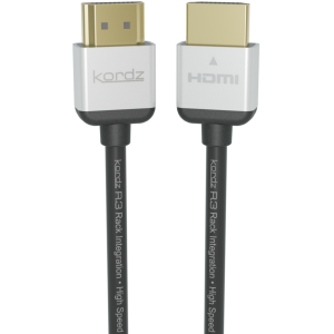 Kordz HDMI cable with gold-plated connectors, labeled R3 Rack Integration High Speed.