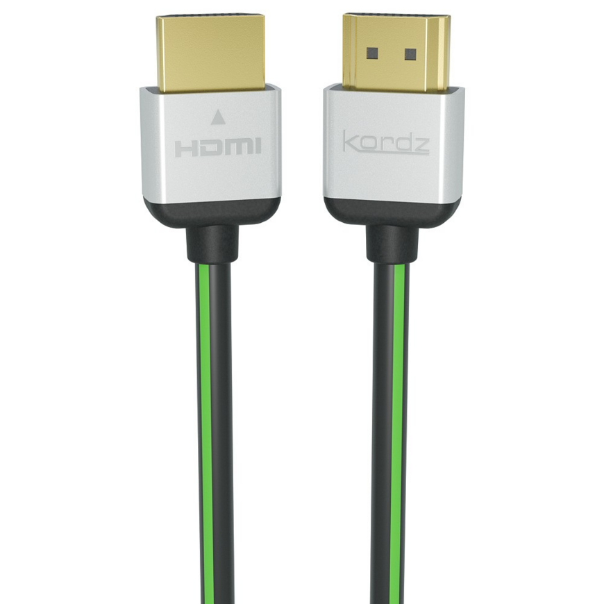 Evo Series Av Enthusiast 18Gbps 4K Hdmi Cables Kordz hdmi to usb-a cable with gold-plated connectors and a green stripe on the black cable.