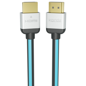 Kordz HDMI cable with gold-plated connectors and blue-accent black jacket.