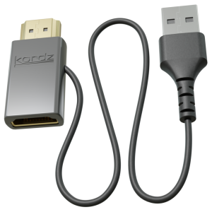 Kordz adapter cable with gold HDMI male on one end and USB-A male on the other, gray metal housing.