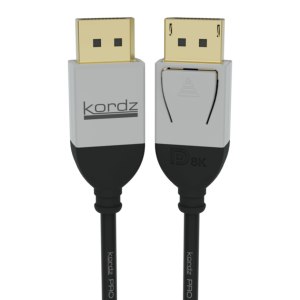 Kordz PRO HDMI cable with gold-plated connectors and gray housings; right connector shows D8K marking.