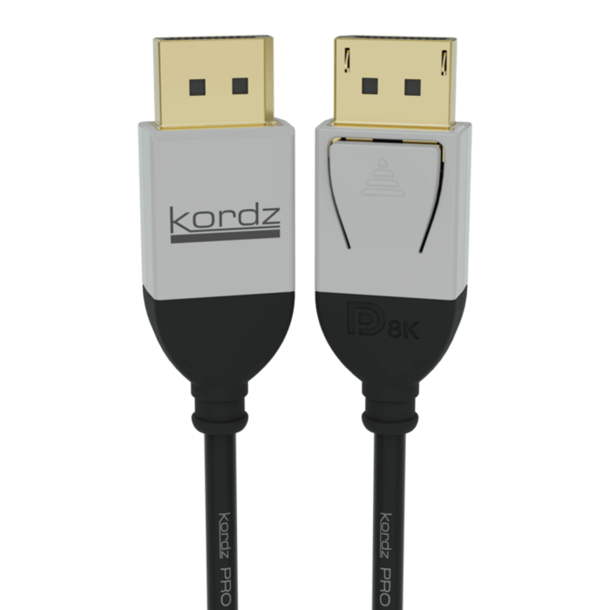 Kordz Pro Series 32.4Gbps 8K Displayport 1.4 Cables Kordz pro hdmi cable with gold-plated connectors and gray housings; right connector shows d8k marking.