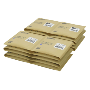 Stack of beige PRO-PC packaging pouches with barcodes and blue and black color indicators.
