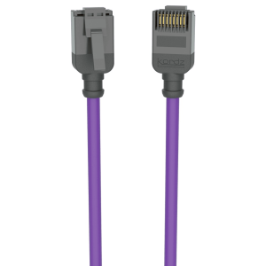 Kordz brand locking cable with purple jacket; one end shows a latch, the other end reveals gold pins.
