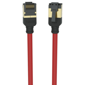Kordz locking HDMI cable with red jacket, gold-plated connectors, two-ended, one end featuring a locking tab.