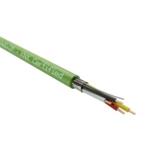 Green KNX Certified multicore electrical cable with four exposed insulated conductors.