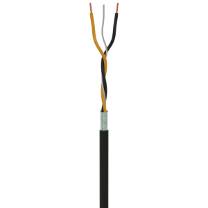 Three-conductor shielded electrical cable with orange, gray, and black insulated conductors inside a black jacket and exposed copper ends