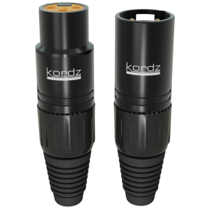 Two black Kordz connectors with knurled grips and gold contact ends