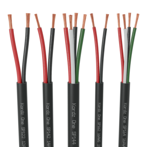 Kordz One SP-series speaker cables with color-coded red, black, white, and green conductors and exposed copper ends.