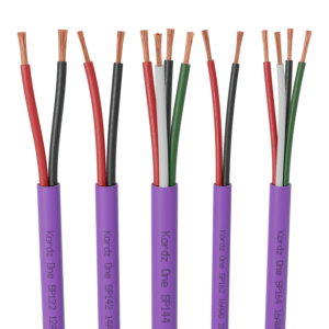 Five Kordz One SP-series speaker cables with purple jackets and exposed copper conductors in red, black, white, and green