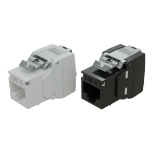Pair of CAT6 RJ45 keystone jacks, white and black, with front ports and top latch mechanisms