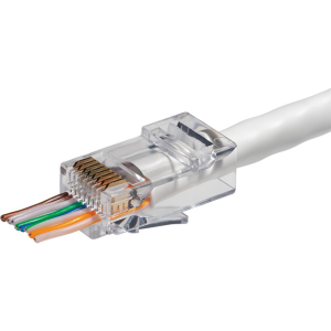Transparent RJ45 plug with eight colored wires on a white Ethernet patch cable.
