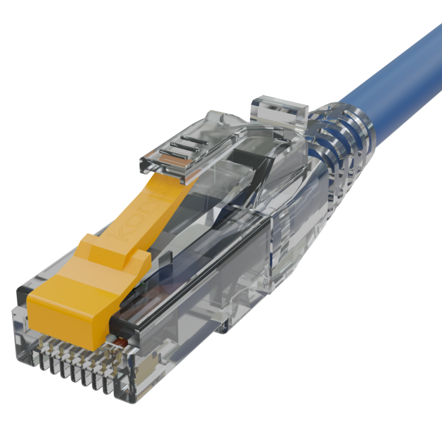 Kordz Pro 24Awg Rj45 Crimp Connector Transparent rj-45 ethernet plug with yellow insulator on a blue network cable, showing gold contact pins.
