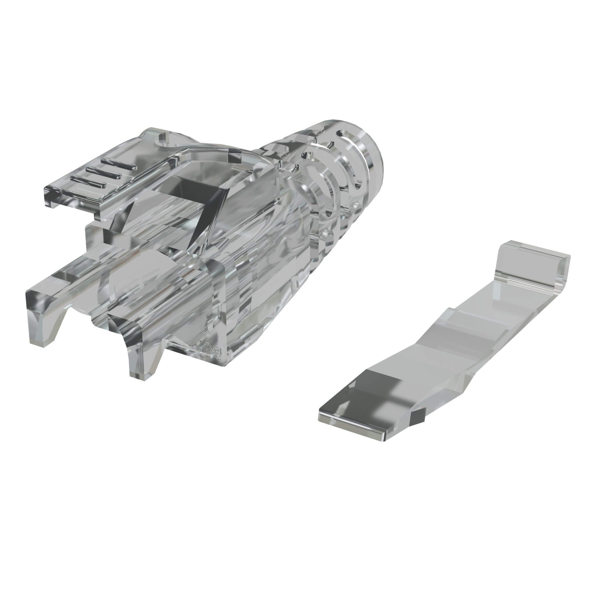 Kordz Pro 24Awg Rj45 Crimp Connector Transparent plastic housing with four parallel slots and a ribbed cylindrical end.
