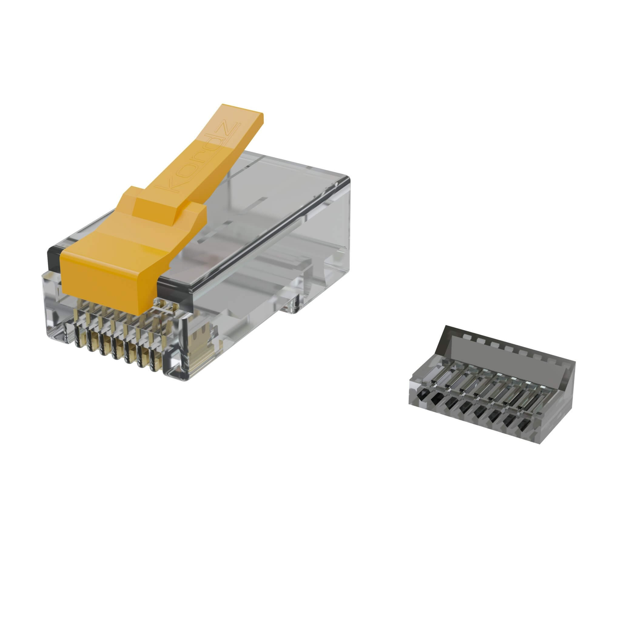 Kordz Pro 24Awg Rj45 Crimp Connector Clear plastic electronic connector housing with gold-plated pins and an orange locking lever.