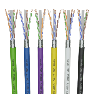 Kordz ONE 23AWG F/UTP Cat5e Ethernet cables with color-coded jackets and exposed twisted pairs.