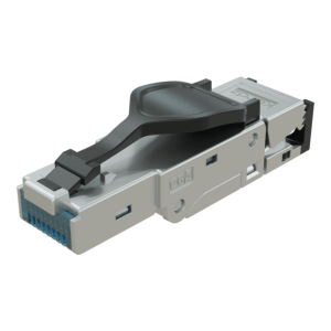 Hot-swappable server drive module with black lever latch and blue contact pins.