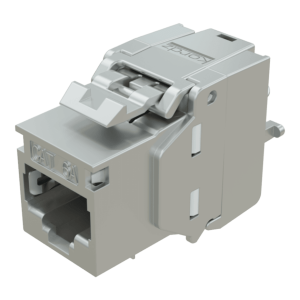 Cat6 RJ45 keystone jack module in beige plastic with top locking latch.