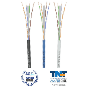 Kordz PRO Shielded U/FTP Ethernet cables with exposed twisted pairs in black, blue, and white jackets.