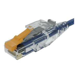 Transparent RJ-45 Ethernet connector with blue Cat6 cable and orange latch.