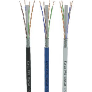 Kordz PRS SlimCat cables with black, blue, and white jackets, exposing color-coded twisted copper conductors.