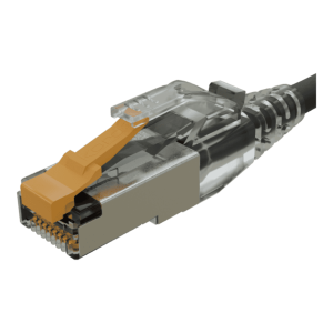 RJ45 Ethernet modular plug with orange latch, translucent housing, gold-plated contacts visible at the connector end.