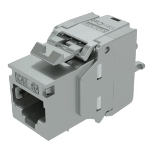 Gray CAT 6A RJ45 Ethernet keystone module with front-port and locking lever.