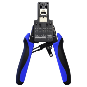 Kordz RJ45 network crimping tool with blue and black ergonomic handles and a numbered terminal guide.