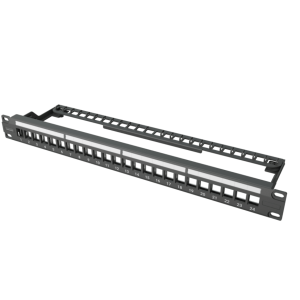 24-port Ethernet patch panel with numbered RJ-45 ports.