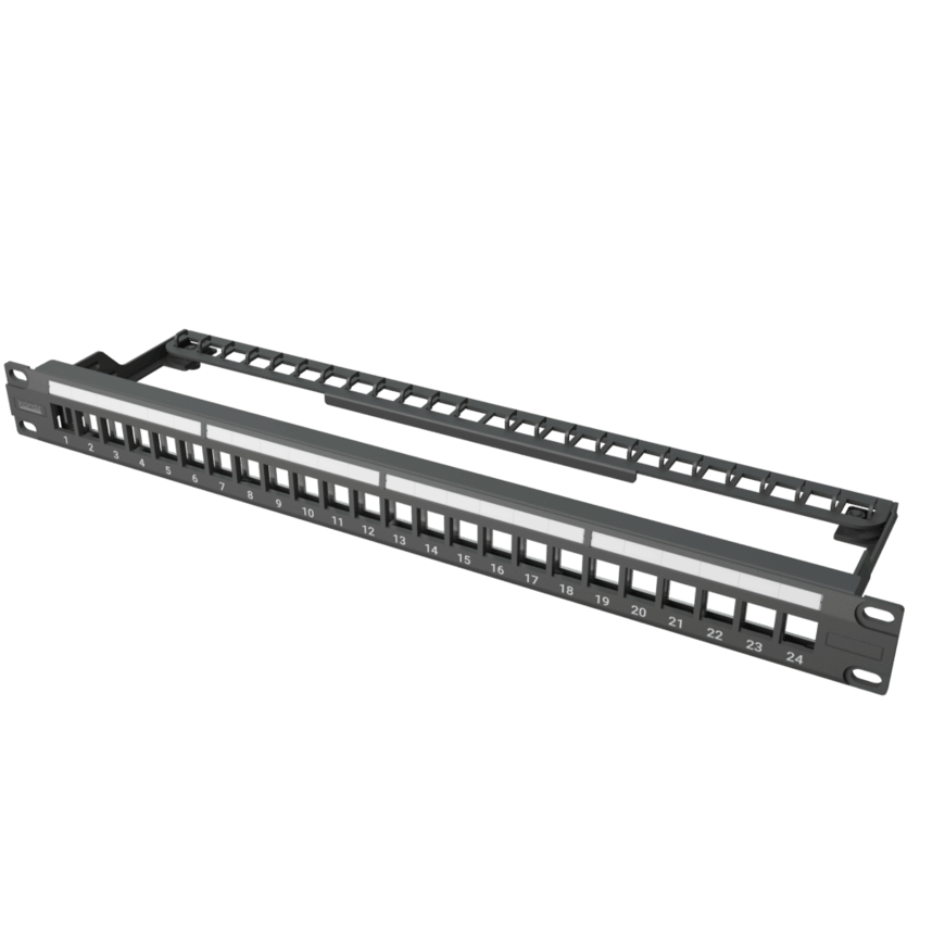 Kordz Pro Series Accessories – 1U 24-Port Keystone Patch Panel 24-port ethernet patch panel with numbered rj-45 ports.