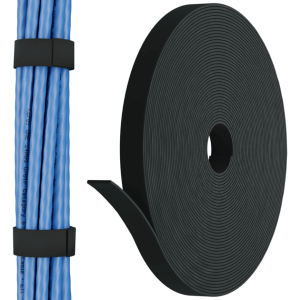 Blue Ethernet cables bound with black zip ties beside a large roll of black flat strapping tape.