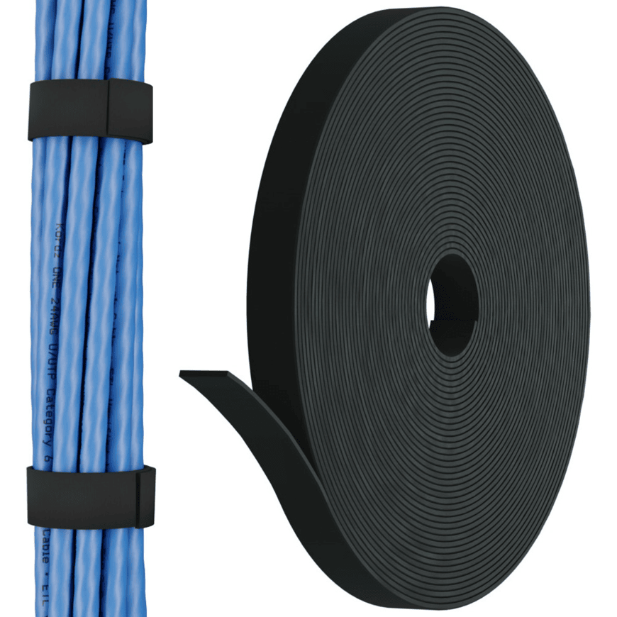 Kordz Pro Hook And Loop – Premium Cable Management Blue ethernet cables bound with black zip ties beside a large roll of black flat strapping tape.