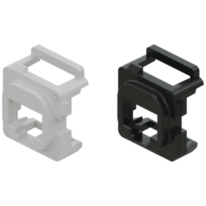 Pair of plastic clamp-style mounting brackets with square central openings and top handles, one white and one black.