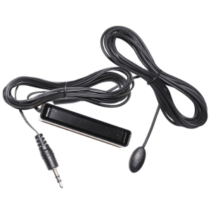 Black lavalier microphone with 3.5mm plug, inline rectangular box, and small oval capsule.