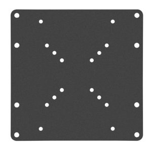 Square dark metal mounting plate with rounded corners and multiple circular holes arranged in two zigzag patterns.