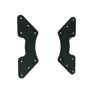 Pair of black metal mounting brackets with curved silhouette and multiple screw holes.