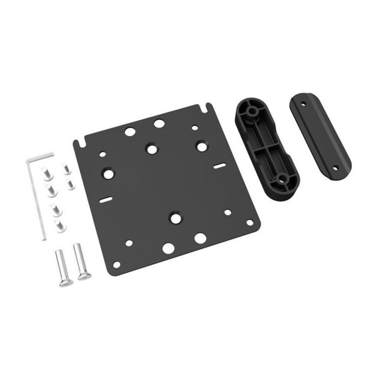 Atdec Ac-Mp Square metal mounting plate kit with multiple holes, screws, and black plastic bracket components.