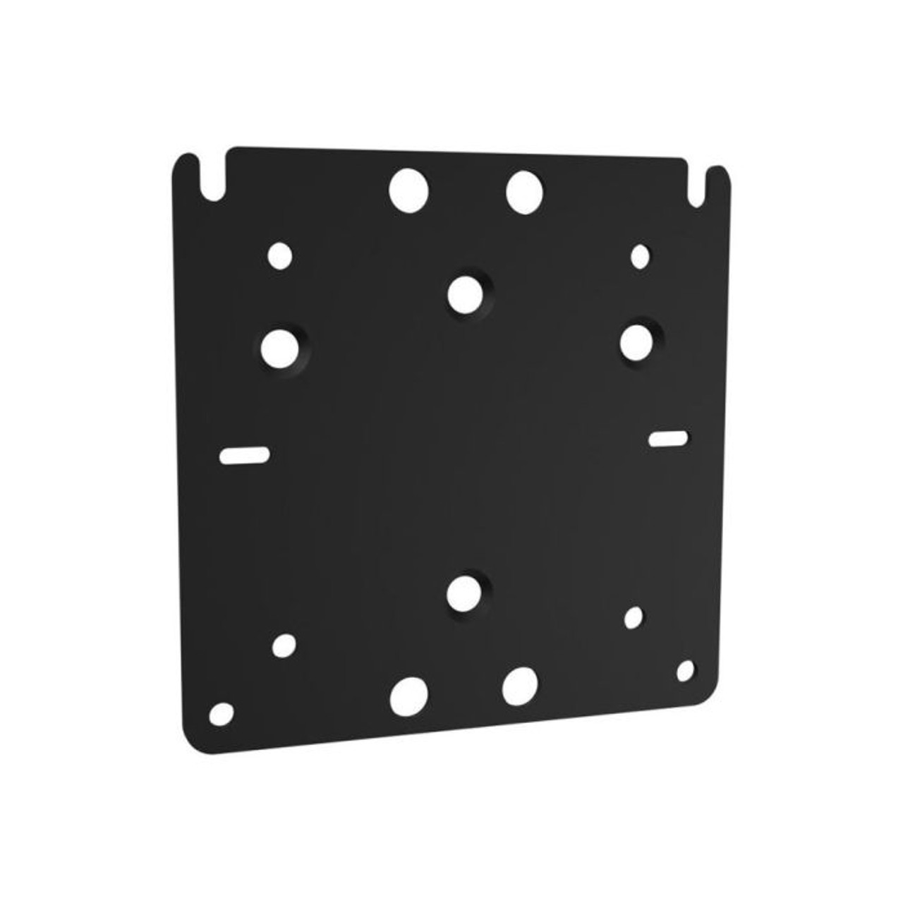 Atdec Ac-Mp Black metal mounting plate with multiple circular holes and slots for a universal monitor or tv mounting.