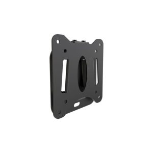 Black metal VESA wall-mount plate with two vertical slots and central oval opening.